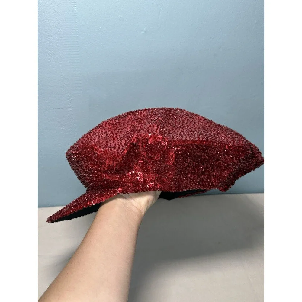 JC Red Sequin Beaded Newsboy Cap Hat Womens One Size Glitter Sparkle
